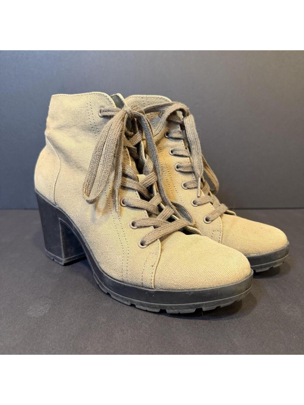 Mix No. 6 Tevia Khaki Canvas Lace-Up Block Heel Combat Bootie Size 8.5